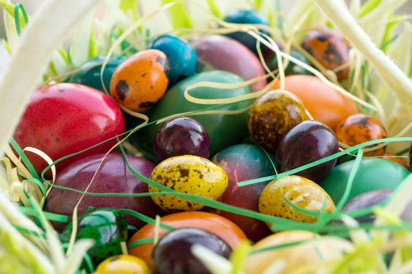 Разноцветные Окрашенные Пасхальные Яйца Корзину — стоковое фото