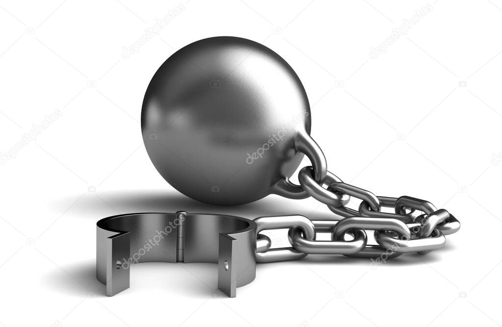 3d render of a vintage metalic ball and chain with an open shackle over white background