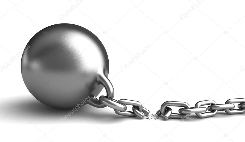 3d render of a vintage metalic ball and brocken chain over white background