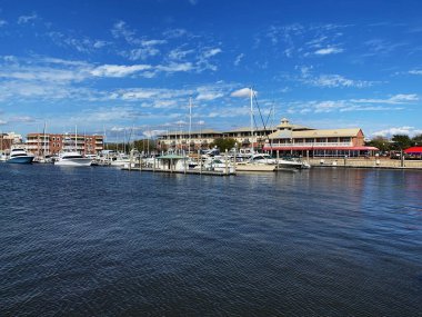 Pensacola Körfezi 'nde demirlemiş tekneler Pensacola, Florida, Usa şehir merkezi manzaralı.
