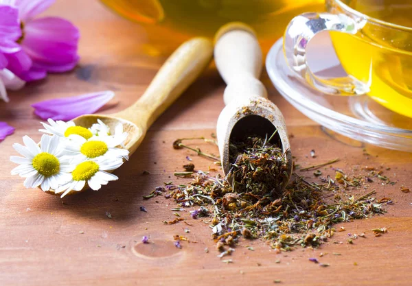 Tea herbs healing chamomile wooden background
