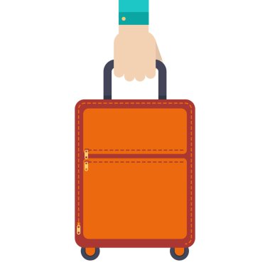 Seyahat çantası tutan el. Vektör çizim düz tasarım beyaz arka plan üzerinde