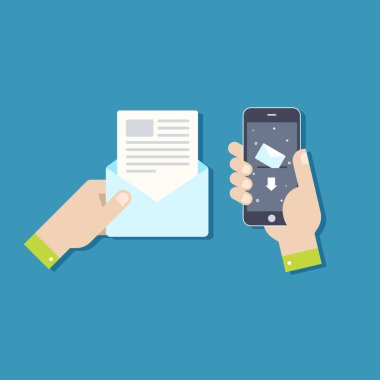 El tutma zarf, mektup. E-posta simgesi üstünde belgili tanımlık perde ile akıllı telefon dokunmadan el