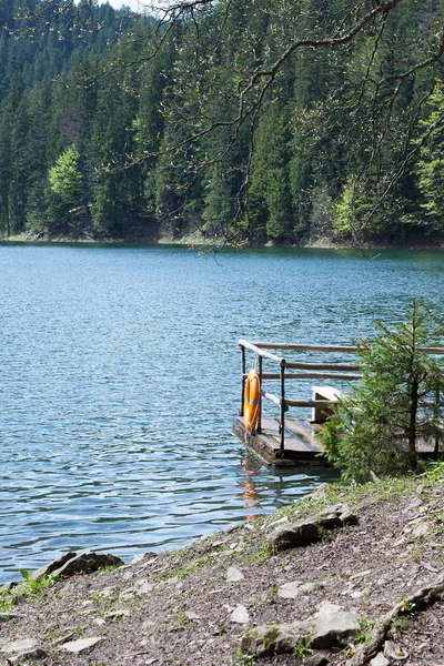 Observation deck with lifebuoy on a mountain lake Synevir and co — Stock Photo, Image