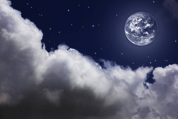 Bright night sky with a white moon, stars and clouds