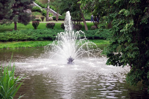 Fountain in the middle of a green garden — Stock Photo, Image