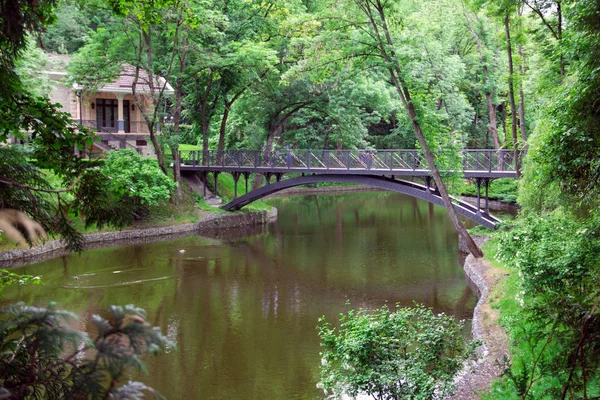 Metal bridge over a lake in a green garden — Stock Photo, Image