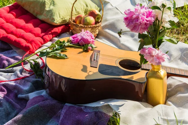 Gitar, elma, yastıklar ve peonies açık piknik