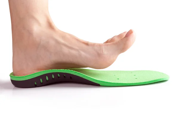 Female Foot Stands Her Heel Orthopedic Insole — Stock Photo, Image