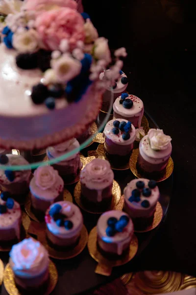 Myrtille avec des décorations crème gâteau de réception de mariage avec petits cupcakes pour les invités en Europe de l'Est Baltique Riga Lettonie — Photo