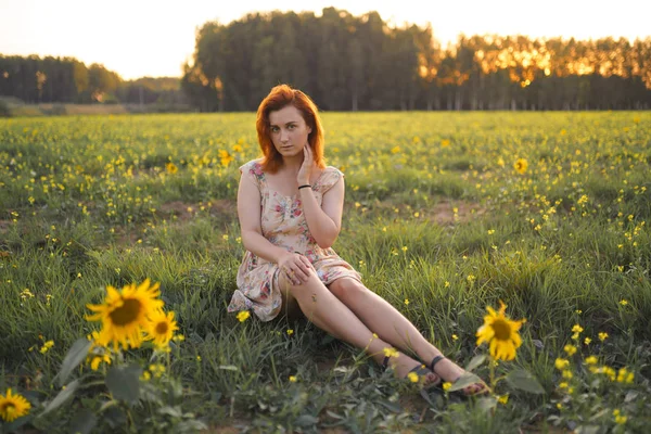 Beautiful redhead woman in a summer short dress during Golden Hour in a sunflower field in Eastern Europe Latvia Smarde