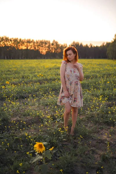 Beautiful redhead woman in a summer short dress during Golden Hour in a sunflower field in Eastern Europe Latvia Smarde
