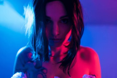 Plastik Torba Başında: Yüzünde plastik ve kartondan yapılmış çöp elbiseler giyen gülümseyen kadın çevreci portresi çevre temizleme doğasının kirlilik farkındalığı kavramından yayılmasına yardımcı oluyor -