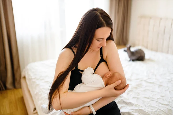 Mother breastfeeds little baby girl at home — Stock Photo, Image