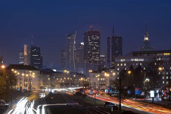 Aerial view of  Warsaw  Financial Center at night — Stock Photo, Image