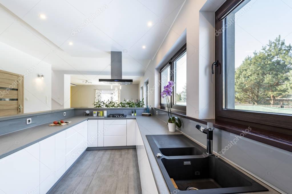 Modern kitchen interior with stainless steel appliances 