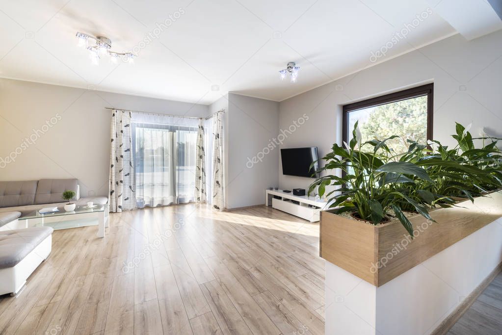 View of interior modern living room with wooden floor 