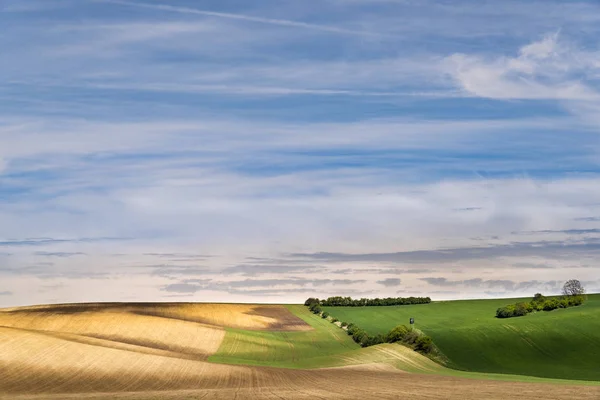 Terra de agricultura recém-semeada com prados ondulados — Fotografia de Stock