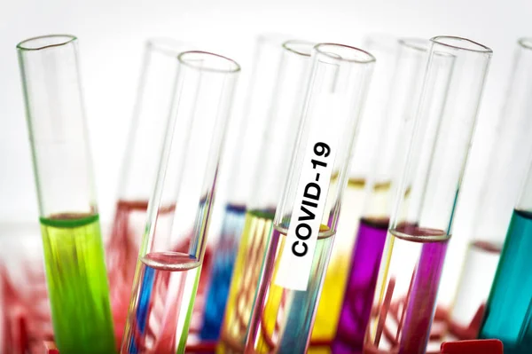 Group Laboratory Test Tubes Coronavirus Liquids Rack Isolated — Stock Photo, Image