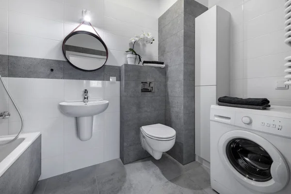 Design Interiores Banheiro Com Paredes Brancas Acabamento Cinza — Fotografia de Stock
