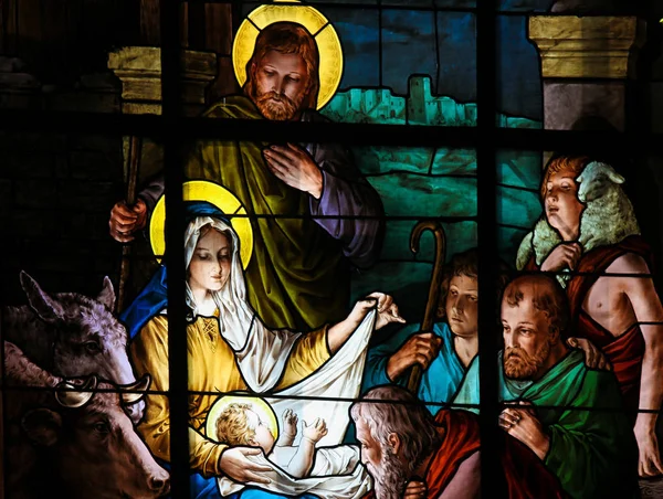 Nativity Scene at Christmas - Stained Glass — Stock Photo, Image