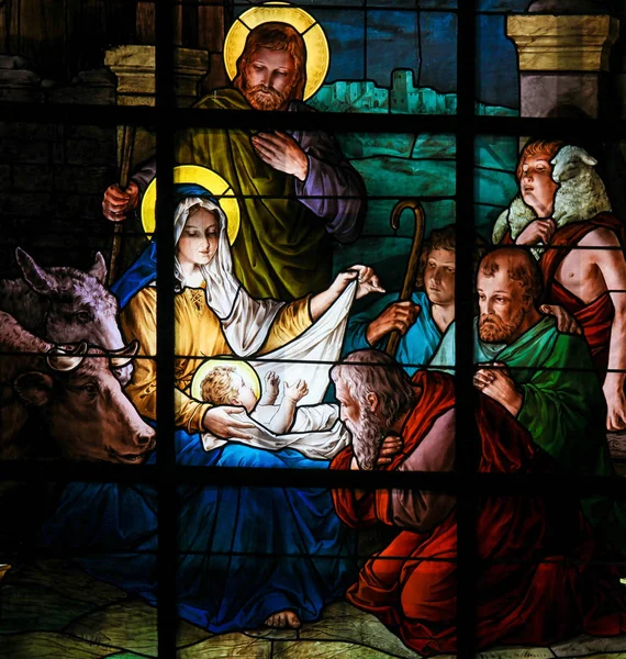 Scène de la Nativité à Noël - Vitrail — Photo