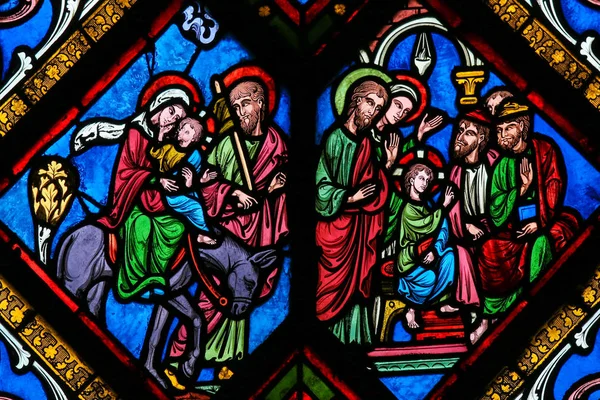 Gebrandschilderd glas - de vlucht naar Egypte en Christus onder de artsen — Stockfoto