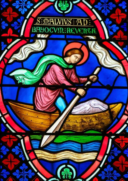 Stained Glass - Saint Manveus or Manvieu, bishop of Bayeux — Stock Photo, Image