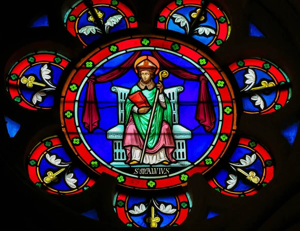 Stained Glass - Saint Manveus or Manvieu, bishop of Bayeux — Stock Photo, Image