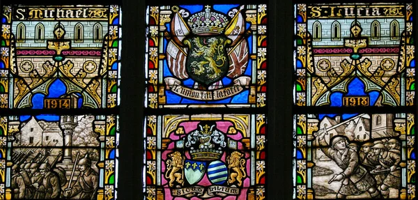 Stained Glass - Belgian Lion and Flags of WWI Allies — Stock Photo, Image