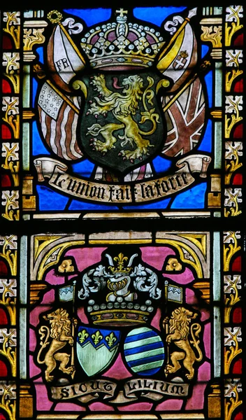 Stained Glass - Belgian Lion and Flags of WWI Allies — Stock Photo, Image