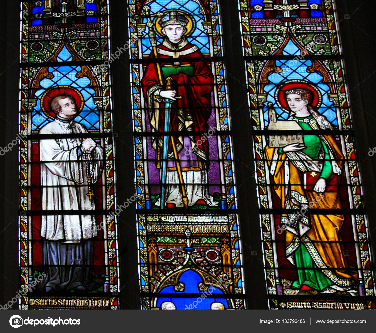Stained Glass Saints Stanislaus, Eugene and Isabel Stock Editorial