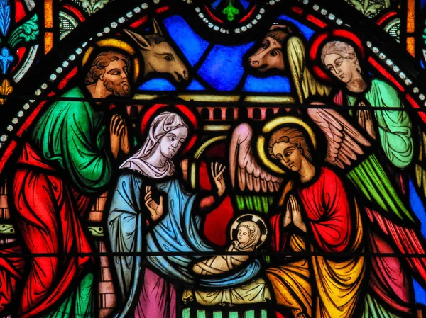 Stained Glass - Nativity Scene at Christmas — Stock Photo, Image