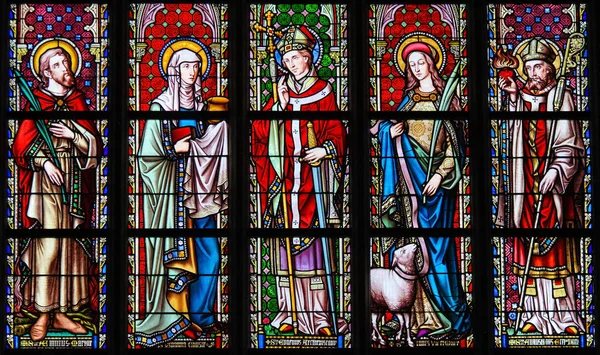 Barevné sklo - svatí Emilius, Joanna, Eugene, Agnes a srpen — Stock fotografie