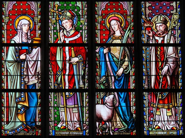 Stained Glass in Sablon Church - Saints Joanna, Eugene, Agnes an — Stock Photo, Image