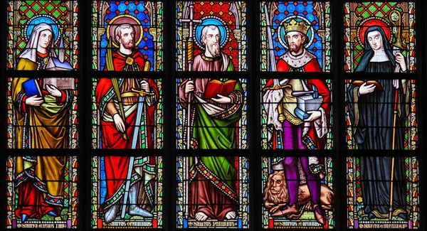 Stained Glass in Brussels Sablon Church - Catholic Saints — Stock Photo, Image