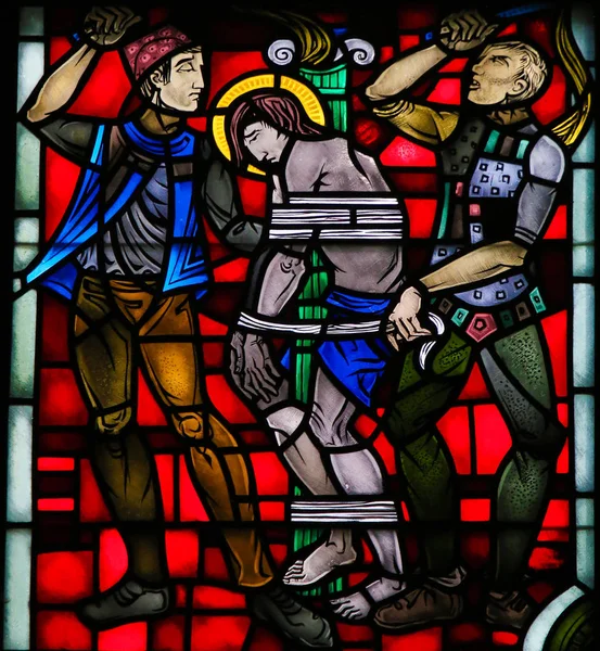 Glasmalerei in Würmern - Geißelung des Christus — Stockfoto