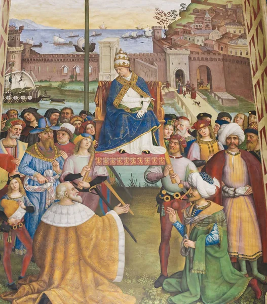 Fresk i Piccolomini bibliotek, Siena - lansering av ett korståg i en — Stockfoto