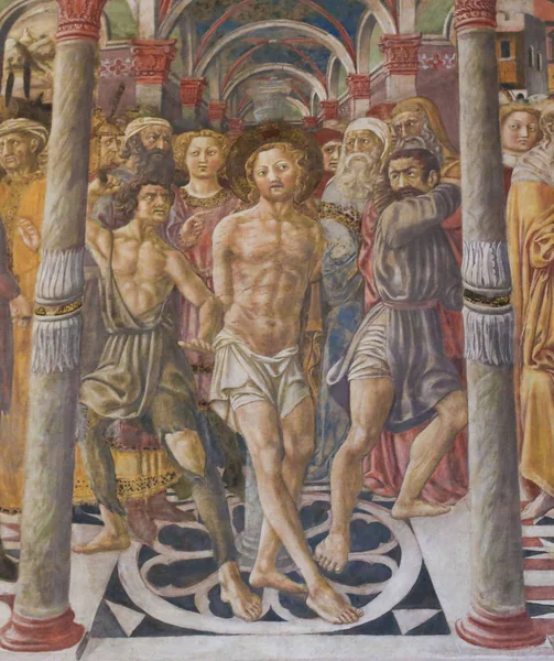 Siena keresztelőkápolna - freskó a korbácsolás, Krisztus — Stock Fotó
