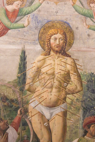 圣吉米尼亚诺-殉难的圣塞巴斯蒂安的壁画 — 图库照片