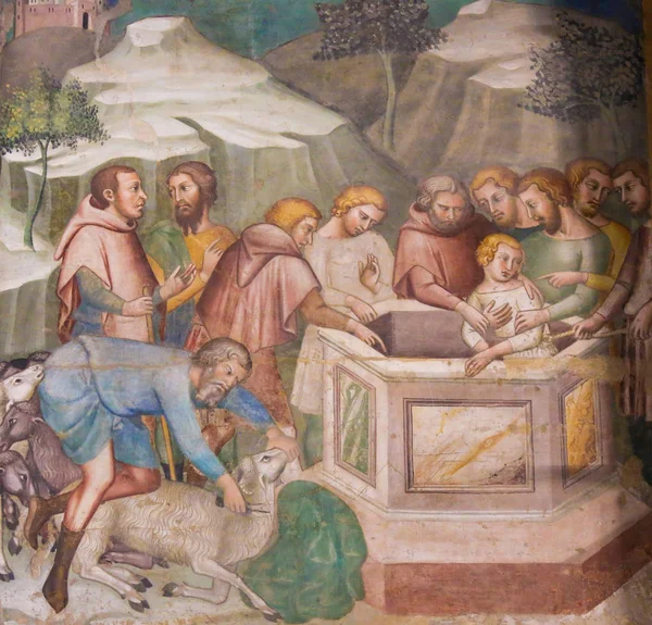 Fresco in San Gimignano - Jesus thrown in the well — Stock Photo, Image