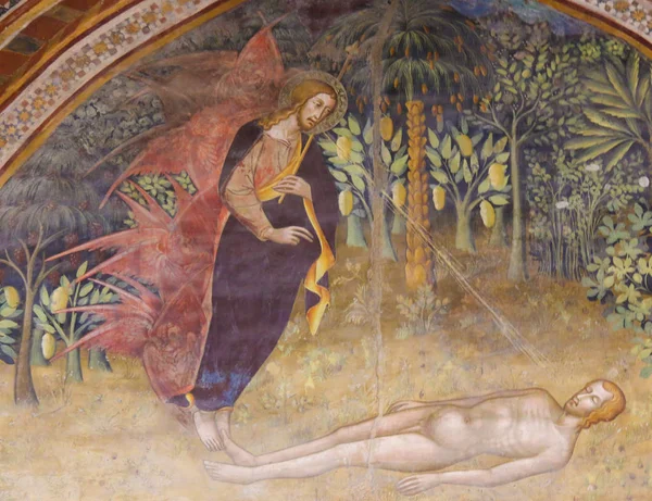 Freska v San Gimignano - stvoření Adama — Stock fotografie