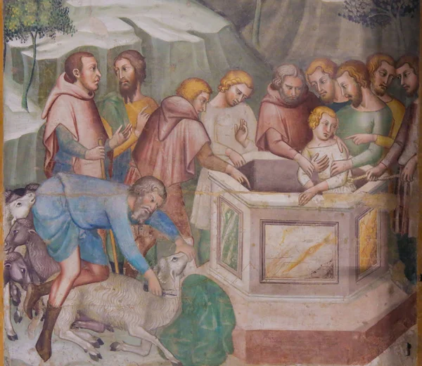 Fresco in San Gimignano - Jesus thrown in the well — Stock Photo, Image