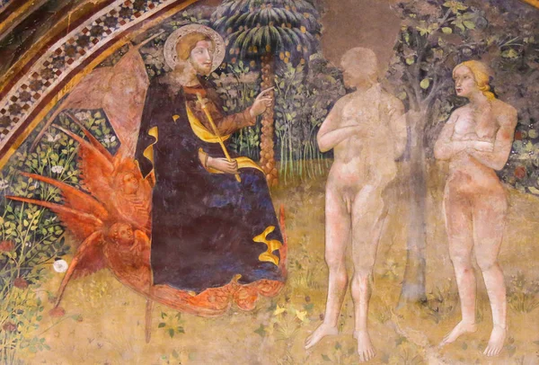 Fresco em San Gimignano - Jesus, Adão e Eva no Jardim de E — Fotografia de Stock