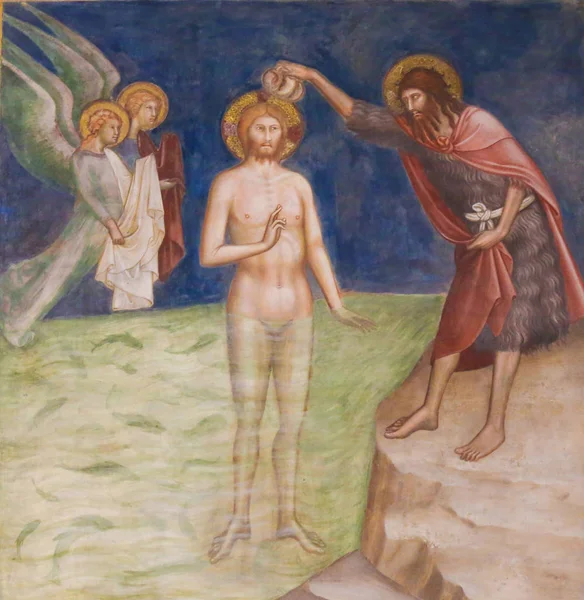 San Gimignano - Jézus Krisztus megkeresztelése freskó — Stock Fotó