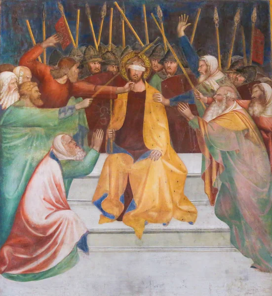 Τοιχογραφία σε Σαν Τζιμινιάνο - ο Ιησούς κατά το Πραιτόριο — Φωτογραφία Αρχείου