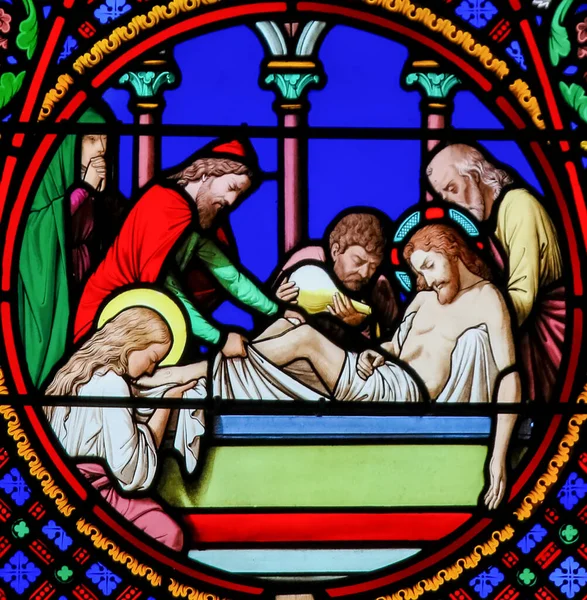 Stained Glass in Notre-Dame-des-flots, Le Havre - Burial of Jesu — Stock Photo, Image