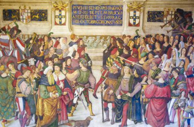 Papa Pius II hayat sahnesinde tasvir Pinturicchio tarafından Siena Katedrali, Toskana, İtalya Piccolomini kitaplığındaki freskler (1502)