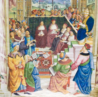 Papa Pius II Mantua Konseyi 1459 yeni bir haçlı seferi ilan convoking tasvir Pinturicchio tarafından Siena Katedrali, Toskana, İtalya Piccolomini kitaplığındaki freskler (1502)
