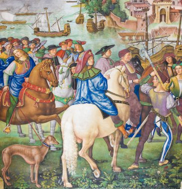 İtalya 'nın Siena Katedrali' ndeki Piccolomini Kütüphanesi 'ndeki Fresco, Papa II. Pius' un Basel Konseyi 'ne gidişini resmediyor. Fırtına sahnesi batı sanatında bir ilktir..